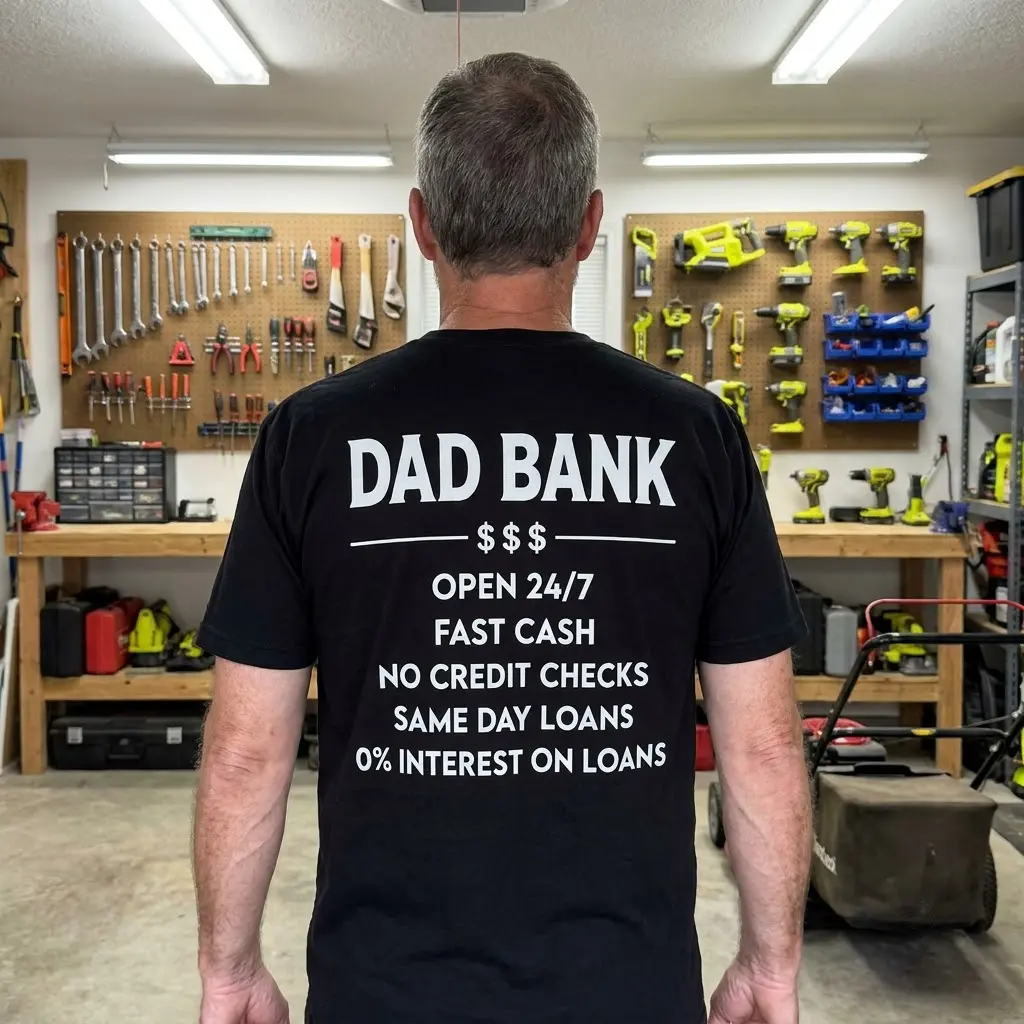 Dad Bank Funny Father Graphic T-Shirt 6 Casual lifestyle scene featuring the Dad Bank funny father graphic apparel.