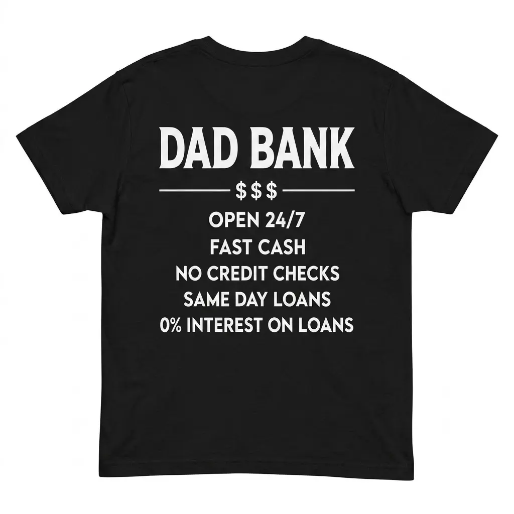 Dad Bank Funny Father Graphic T-Shirt 1 Back flat lay of a black t-shirt featuring the humorous Dad Bank Open 24/7 graphic text print.