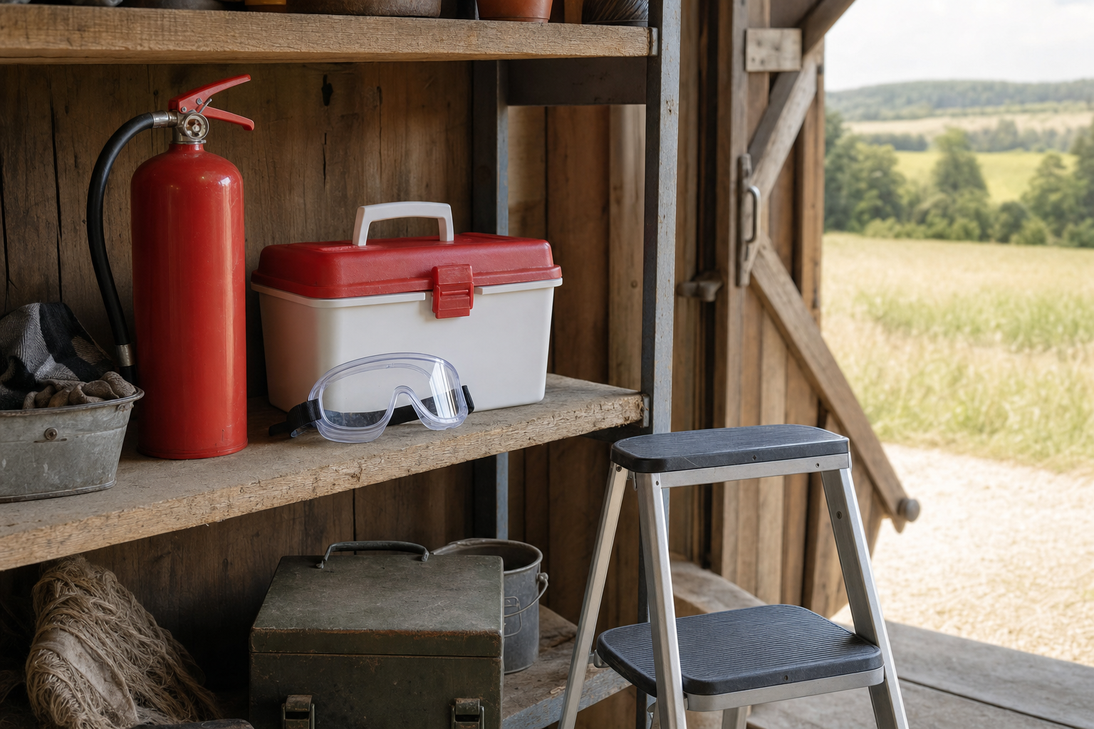 Gift Ideas for Farmers: Practical Picks They'll Actually Use 2 A wooden farm shelf with a red fire extinguisher, a first-aid box and safety goggles, and a step stool by an open barn door