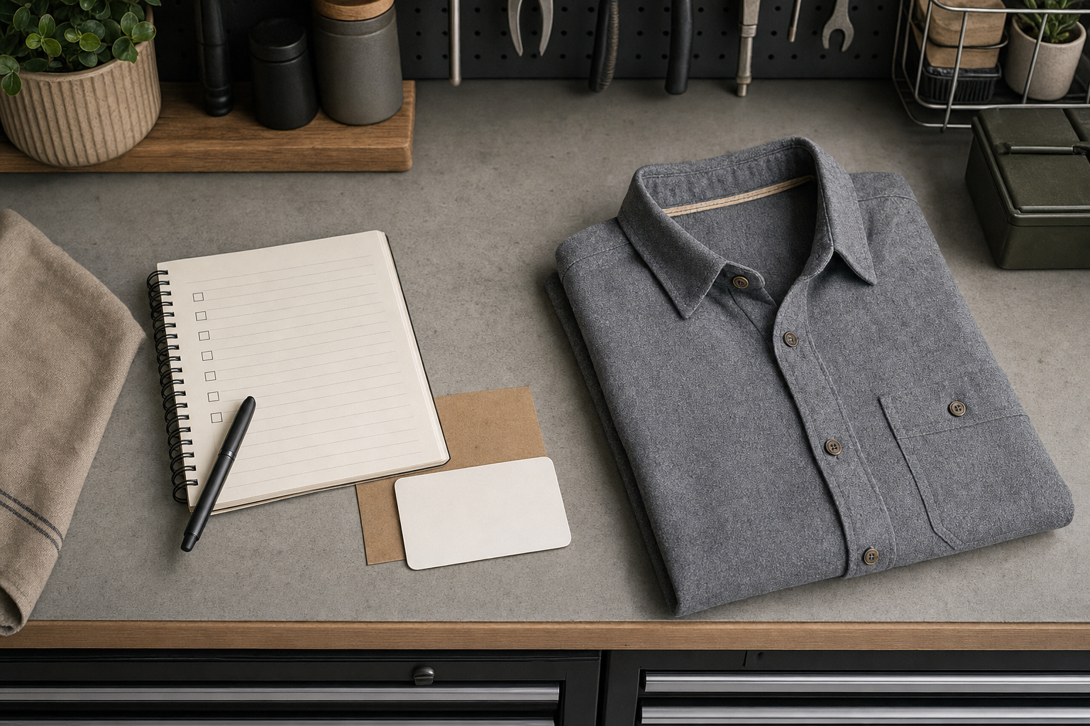 Gifts for Mechanics: Useful Picks, Funny Picks, and What to Skip 2 Folded gray shirt, notebook and blank card on a garage workbench.