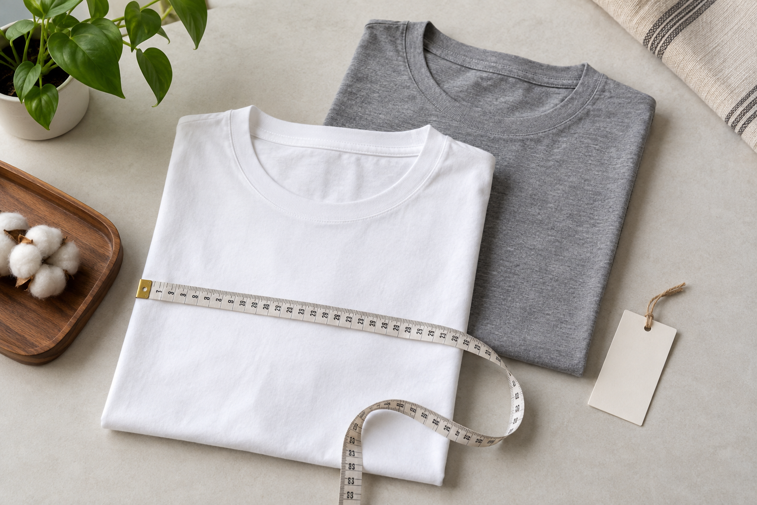 Does Cotton Shrink? What to Expect and How to Choose the Right Size 5 Folded white and gray T-shirts with a measuring tape and blank tag