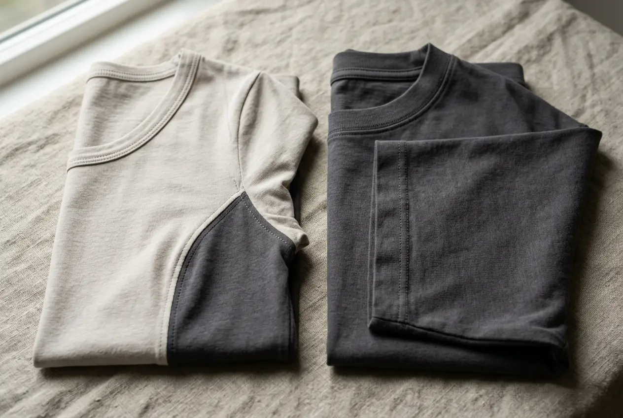 Unisex vs. Women's T-Shirt Sizes: How to Pick the Right Fit for Someone Else 2 Folded women's scoop neck t-shirt with tailored side panel next to a straight-cut dark unisex crewneck t-shirt on linen