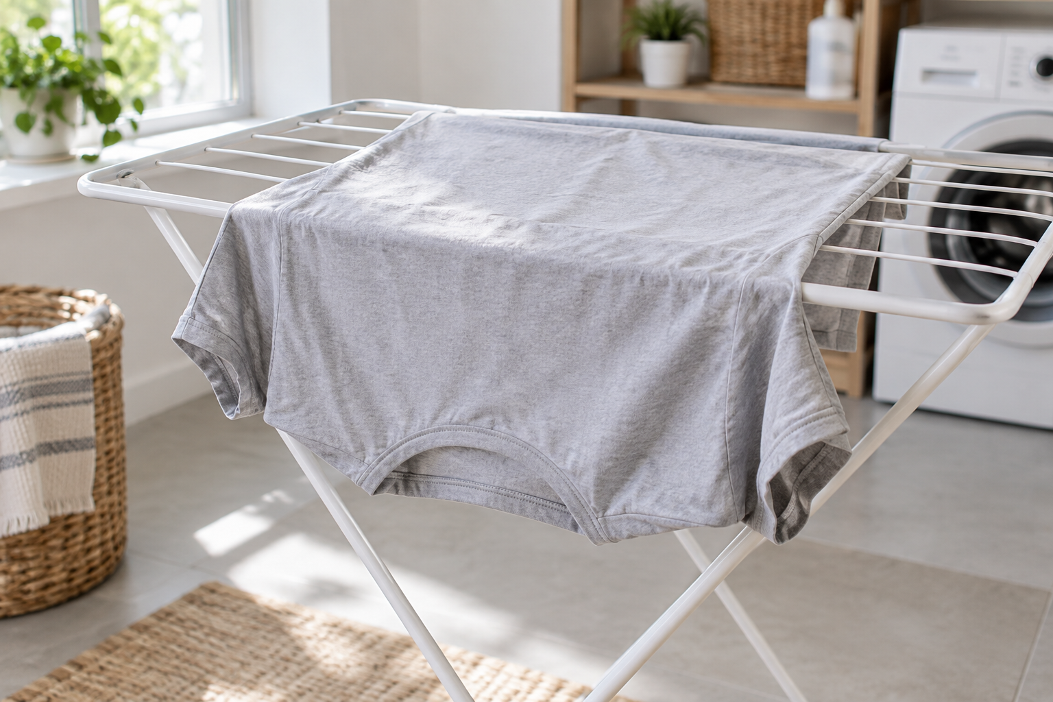 How to Wash Graphic Tees Without Cracking or Peeling 2 Inside-out gray T-shirt draped over a drying rack in a laundry room.