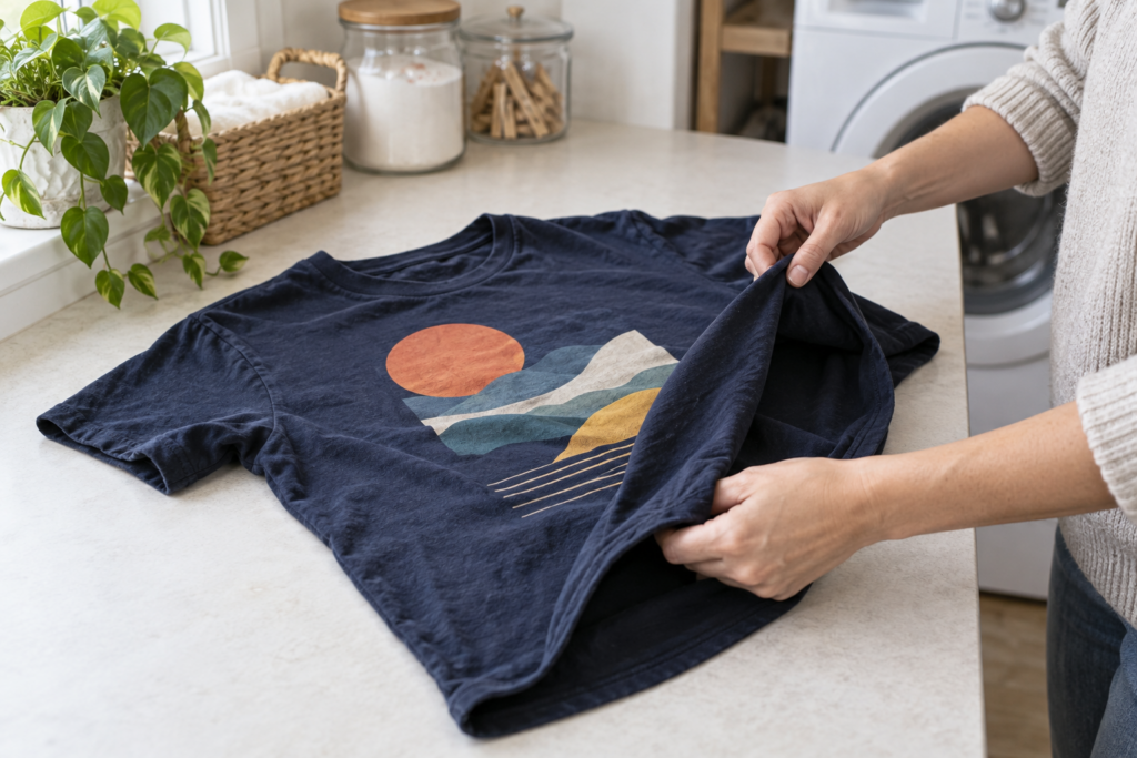 How to Wash Graphic Tees Without Cracking or Peeling 1 Hands turn a navy graphic T-shirt inside out on a laundry table.