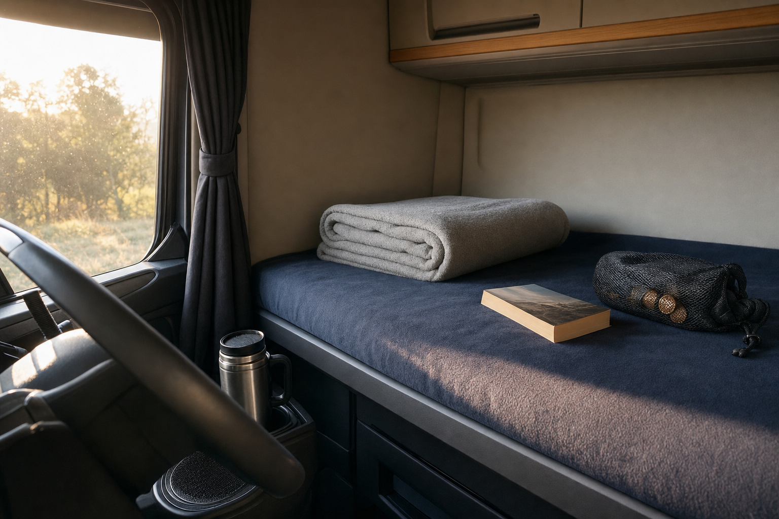 Gifts for Truck Drivers: What They'll Actually Use (and When a Trucker Shirt Fits) 2 Inside a semi-truck sleeper cab: a folded gray blanket, a paperback and a small mesh bag on the bunk, with a thermos in the cup holder