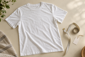 Plain white T-shirt beside a measuring tape and blank care tag