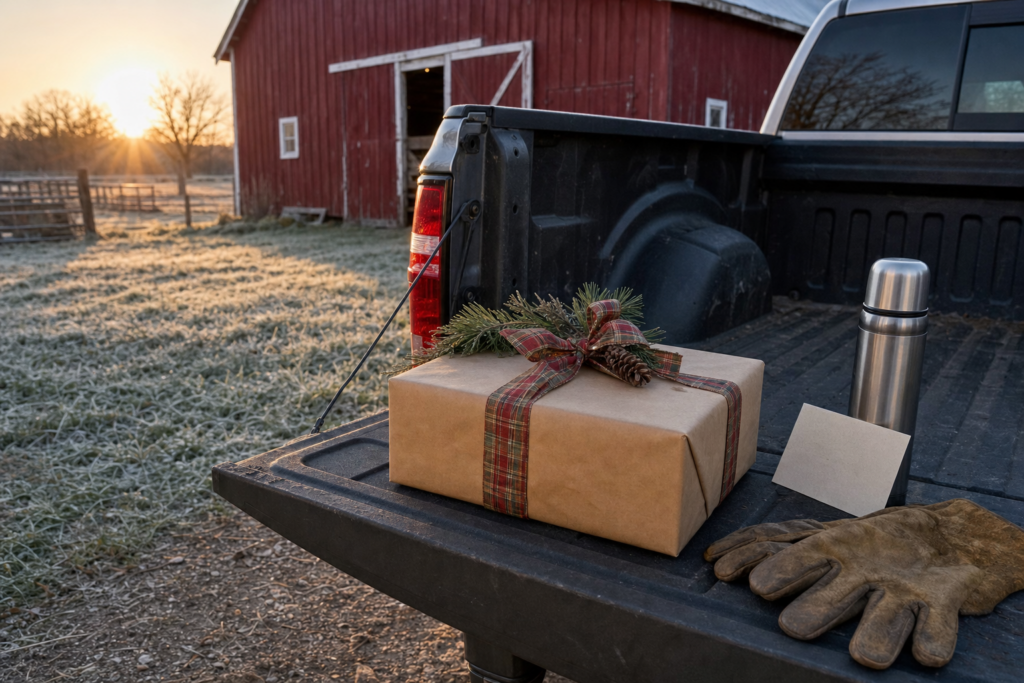 Gift Ideas for Farmers: Practical Picks They'll Actually Use 1 A wrapped gift with a plaid ribbon on a pickup truck tailgate beside leather work gloves, a thermos and a blank card, with a