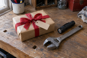 A wrapped gift with a red bow beside an adjustable wrench and flashlight on a wooden workshop bench.