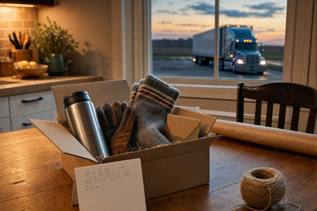 A gift box on a kitchen table holding a stainless steel thermos, leather work gloves, wool socks and a small envelope, with a