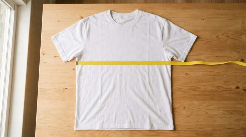 Unisex vs. Women's T-Shirt Sizes: How to Pick the Right Fit for Someone Else 1 White T-shirt laid flat on a wooden table with an unmarked yellow measuring tape across the chest