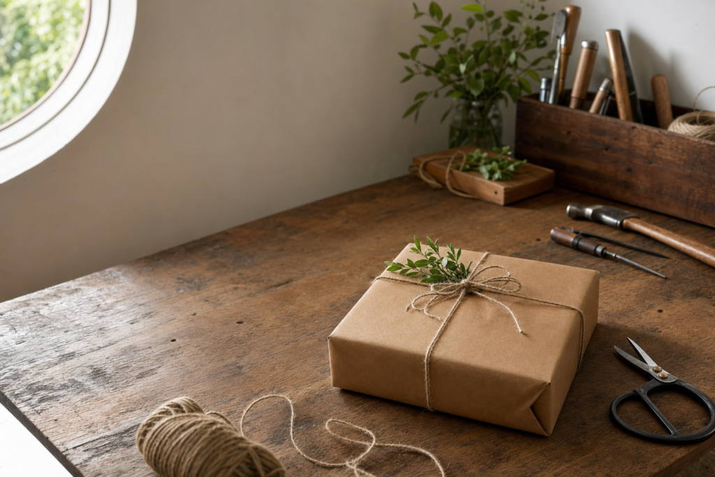 Gifts for Mechanics: Useful Picks, Funny Picks, and What to Skip 1 Wrapped gift on a wooden workbench with hand tools in soft daylight.