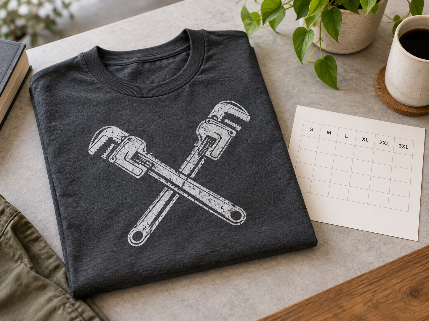 Gifts for Plumbers: Practical Picks They’ll Appreciate 3 A folded charcoal T-shirt with a crossed-wrench graphic sits beside a printed size chart.