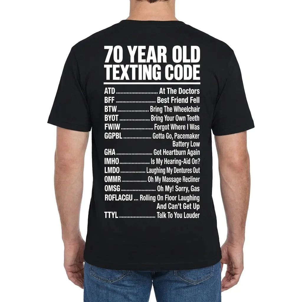 Back view of a man wearing the black 70 year old texting code shirt with senior citizen joke acronyms.
