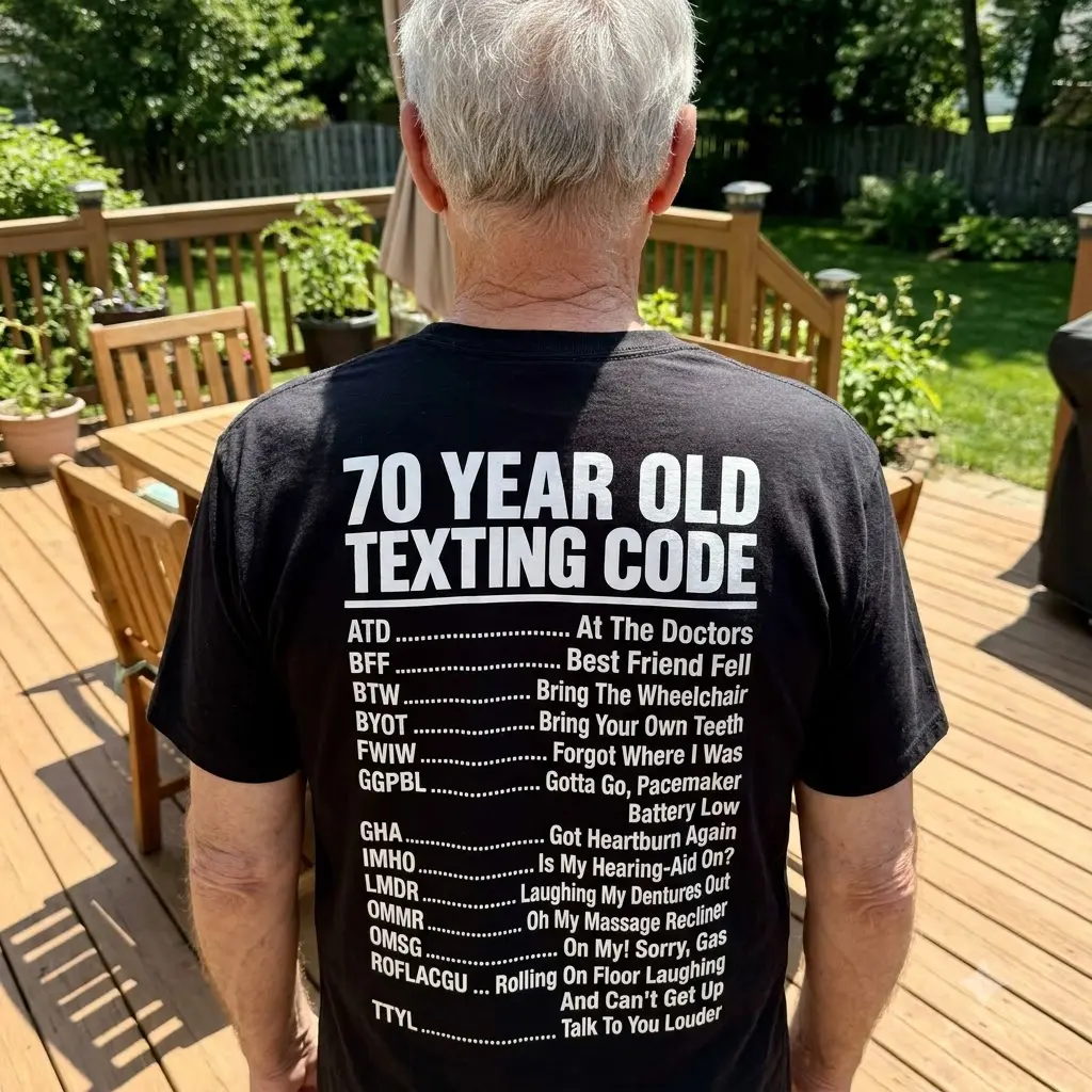 Lifestyle setting showing the back of the funny 70 Year Old Texting Code shirt in daily wear.