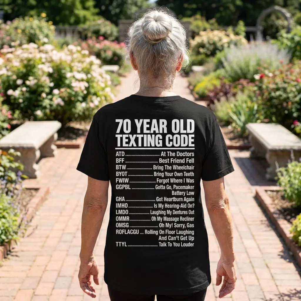 Casual lifestyle display highlighting the humorous 70 Year Old Texting Code list graphic on a black shirt.