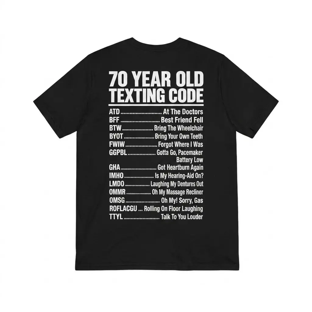 Funny 70 Year Old Texting Code T-Shirt 1 Back view of a black t-shirt featuring the funny 70 Year Old Texting Code humor list in white bold text.