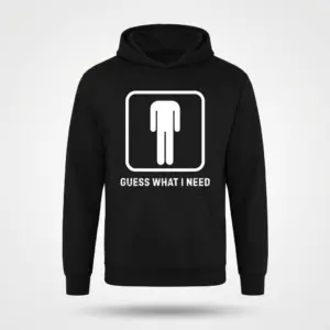 Funny Bathroom Sign Guess What I Need T-Shirt 7 Front flatlay hoodie mockup with the bathroom sign design and Guess What I Need text on the chest.