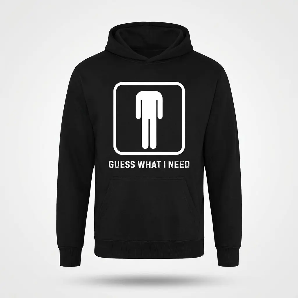 Front flatlay hoodie mockup with the bathroom sign design and Guess What I Need text on the chest.