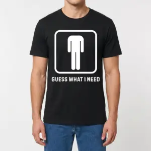 Funny Bathroom Sign Guess What I Need T-Shirt 9 Man modeling the front of the funny bathroom shirt with restroom sign graphic and Guess What I Need text.