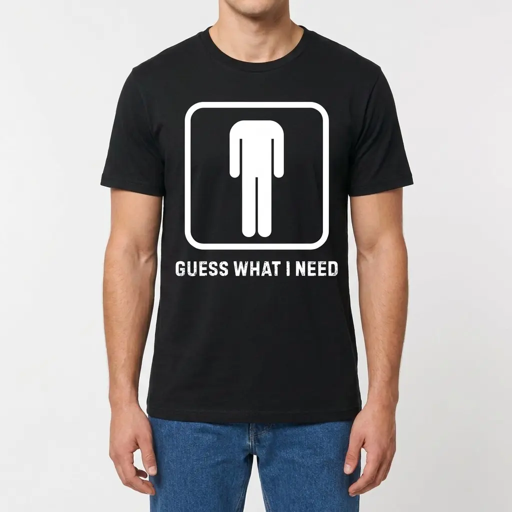 Man modeling the front of the funny bathroom shirt with restroom sign graphic and Guess What I Need text.