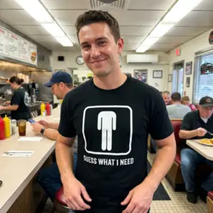 Funny Bathroom Sign Guess What I Need T-Shirt 10 Lifestyle view of the funny bathroom shirt design with a restroom sign graphic and Guess What I Need text.