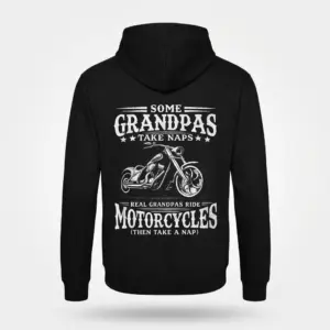 Funny Biker Grandpa Motorcycle Nap T-Shirt 7 Back view flat lay of a hoodie featuring the biker grandpa motorcycle design.