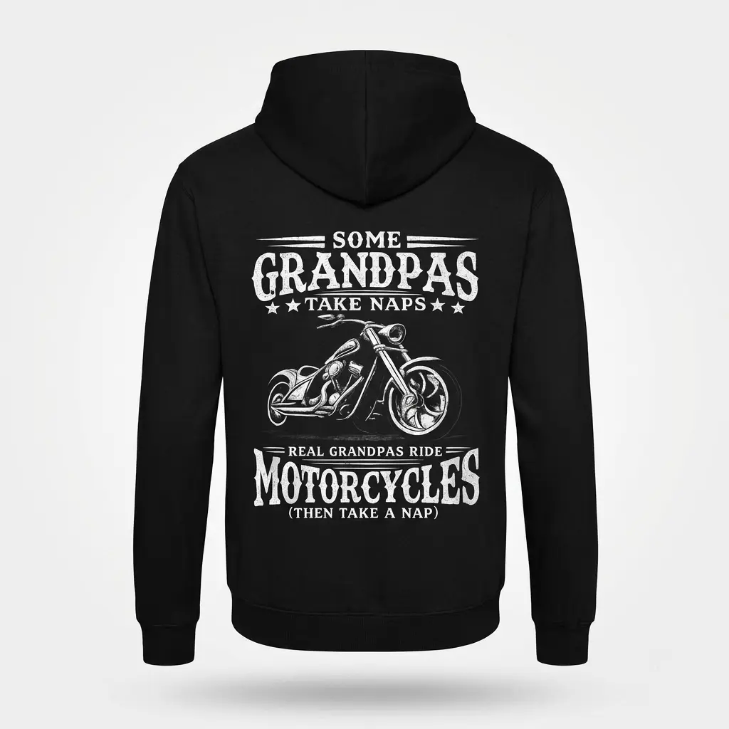 Back view flat lay of a hoodie featuring the biker grandpa motorcycle design.