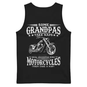 Funny Biker Grandpa Motorcycle Nap T-Shirt 8 Back flat lay of a tank top with the funny biker grandpa motorcycle graphic.