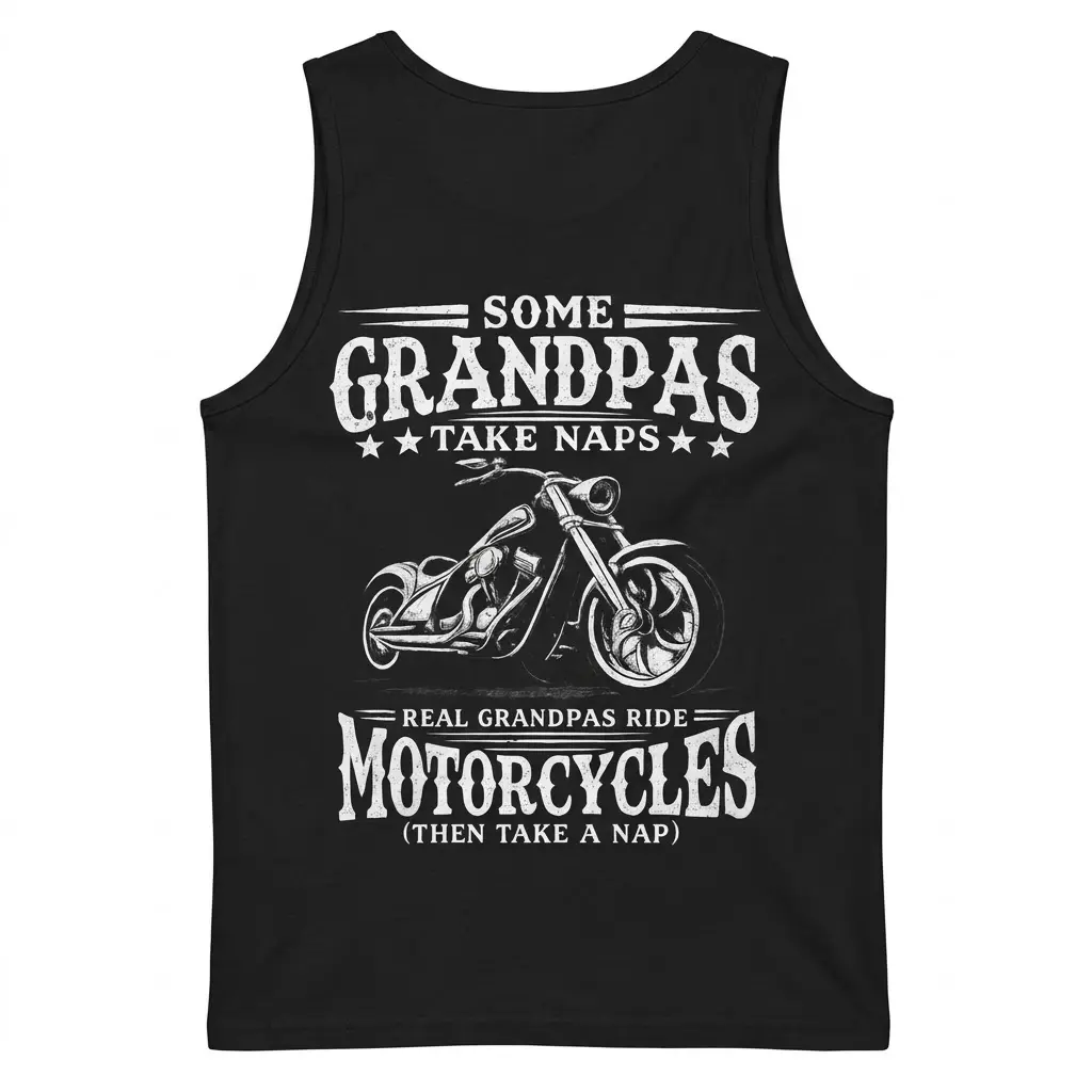 Back flat lay of a tank top with the funny biker grandpa motorcycle graphic.