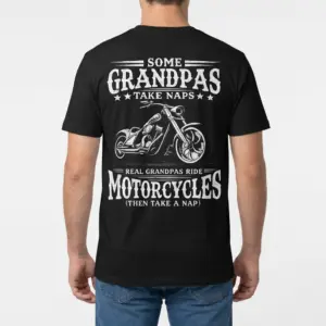 Funny Biker Grandpa Motorcycle Nap T-Shirt 9 Back view of a man wearing the black biker grandpa motorcycle graphic shirt.