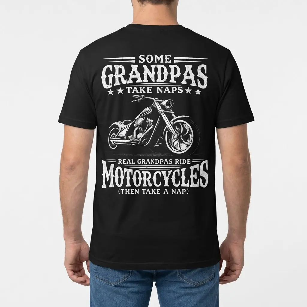 Back view of a man wearing the black biker grandpa motorcycle graphic shirt.