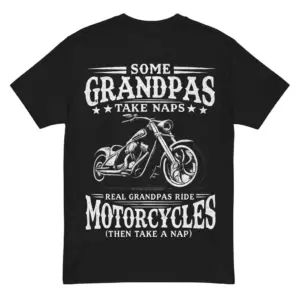 Back flat lay of a black t-shirt featuring a chopper motorcycle and humorous biker grandpa text.