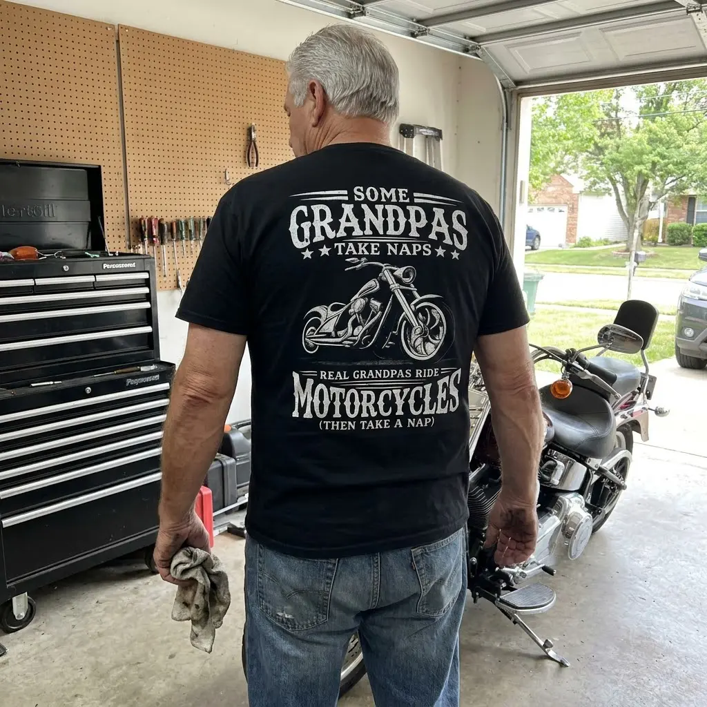 Lifestyle view showcasing the back of the funny biker grandpa motorcycle shirt.