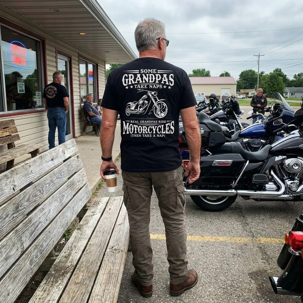 Casual lifestyle setting displaying the biker grandpa motorcycle graphic apparel.