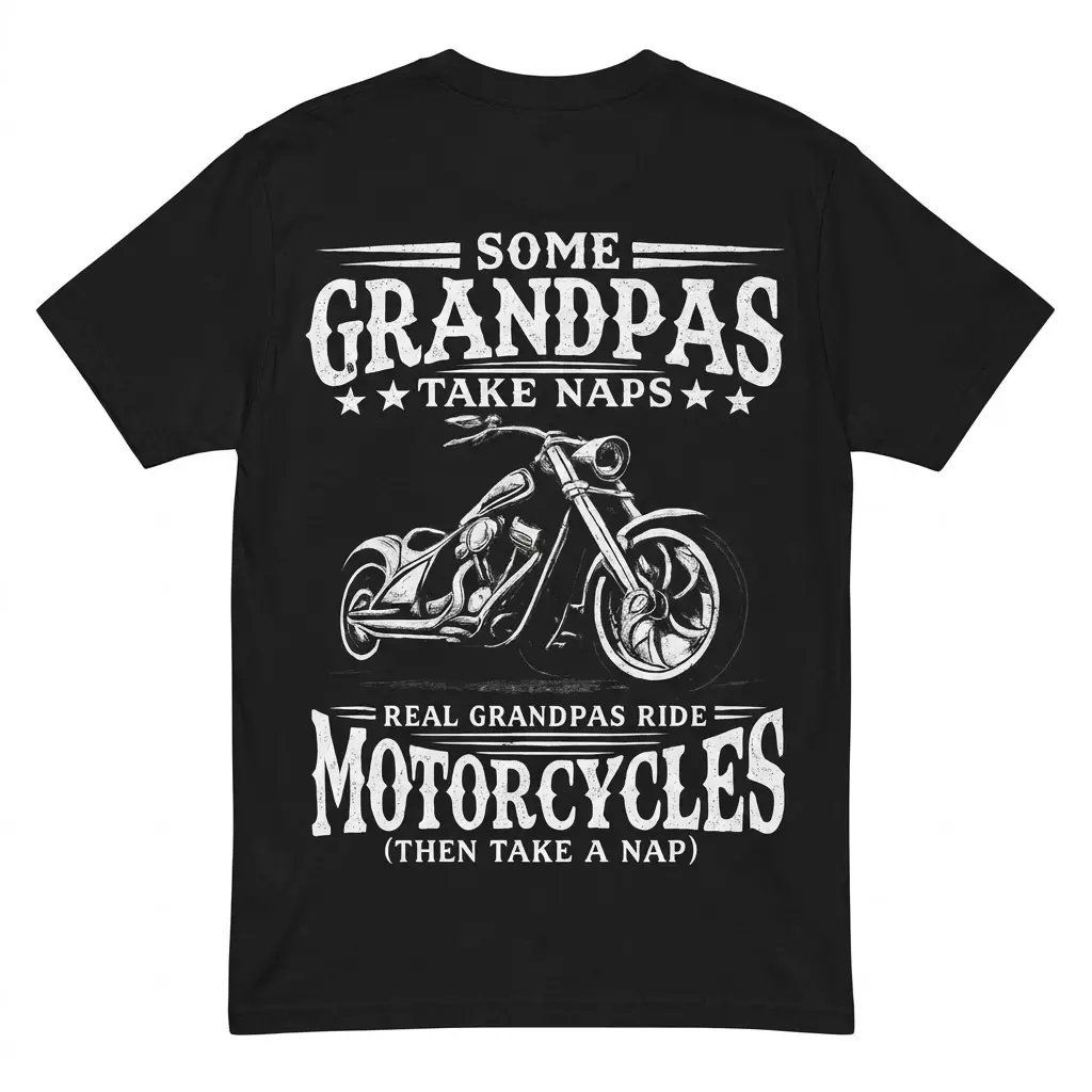 Back flat lay of a black t-shirt featuring a chopper motorcycle and humorous biker grandpa text.
