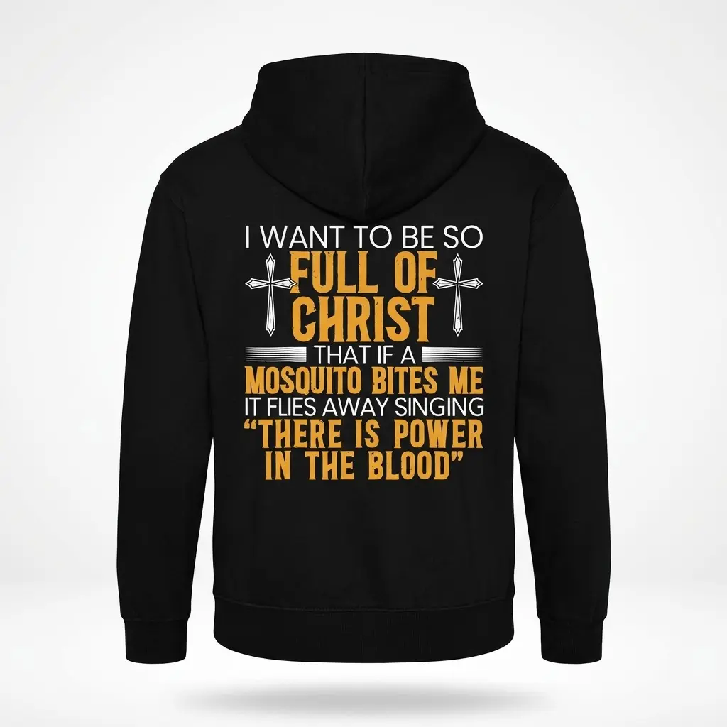 Back flat lay of a black hoodie featuring the funny Christian faith mosquito quote with cross graphics in white and yellow typography.