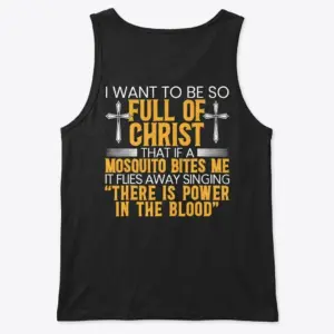 Funny Christian Faith Mosquito Quote T-Shirt 8 Back flat lay of a black tank top printed with the humorous Christian mosquito quote and cross artwork.