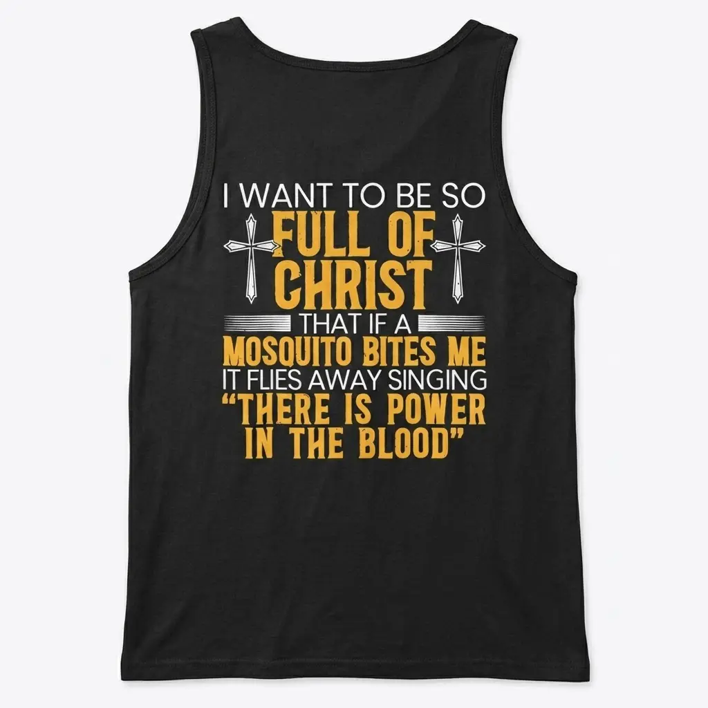 Back flat lay of a black tank top printed with the humorous Christian mosquito quote and cross artwork.