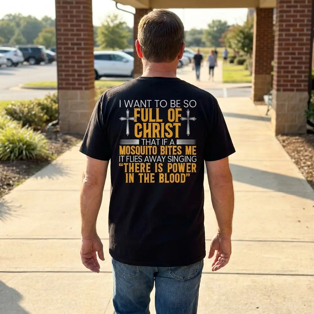 Lifestyle view of the back of the funny Christian faith mosquito quote shirt worn in a casual setting.