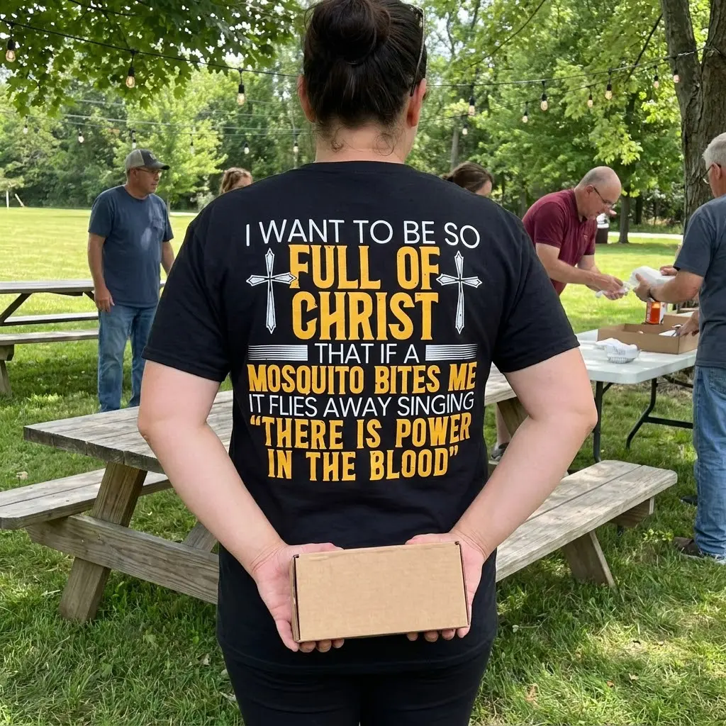Casual lifestyle scene showing the funny Christian quote printed across the back of the shirt.