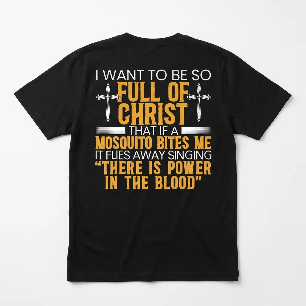 Back flat lay of a black t-shirt with a humorous Christian quote about being full of Christ so a biting mosquito sings a gospel hymn.