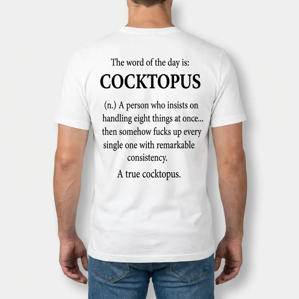 Funny Cocktopus Definition T-Shirt 4 Man shown from the back wearing the cocktopus definition shirt design