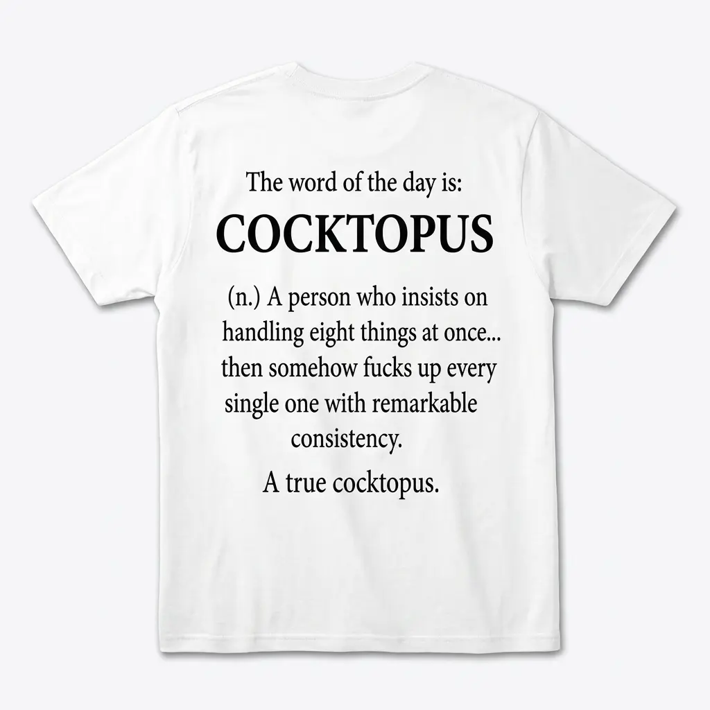 Funny Cocktopus Definition T-Shirt 1 Back flatlay of a white T-shirt with a black funny cocktopus definition text design
