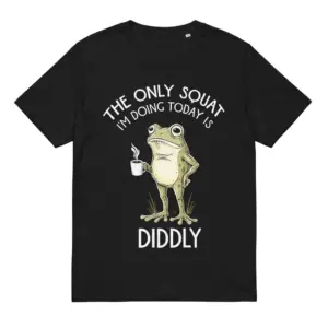Flat lay of a black t-shirt featuring a coffee-drinking frog graphic and text reading The Only Squat I'm Doing Today Is Diddly.
