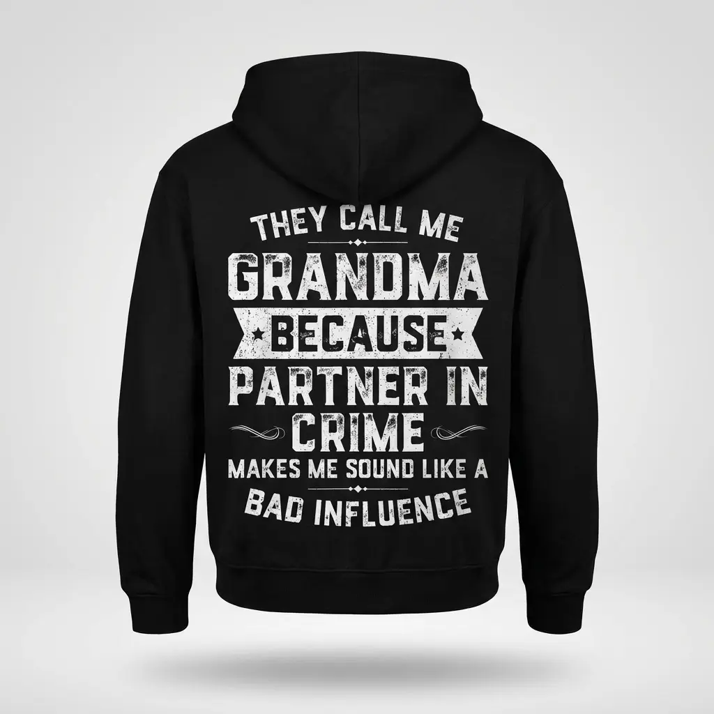 Funny Grandma Partner In Crime T-Shirt 2 Back of a white hoodie laid flat featuring a funny grandma partner in crime printed quote design