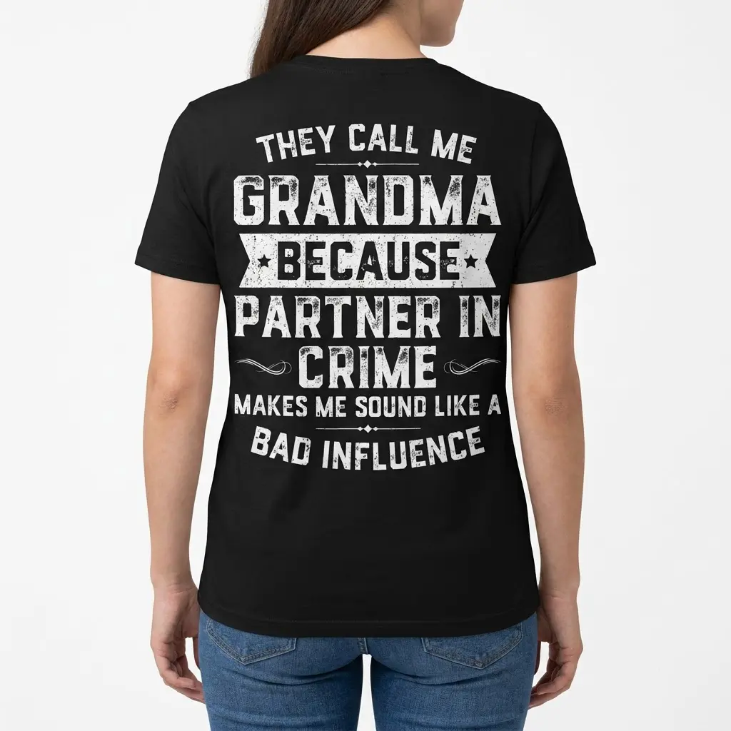 Funny Grandma Partner In Crime T-Shirt 4 Woman model wearing a white t-shirt, back view showing a funny grandma partner in crime quote graphic
