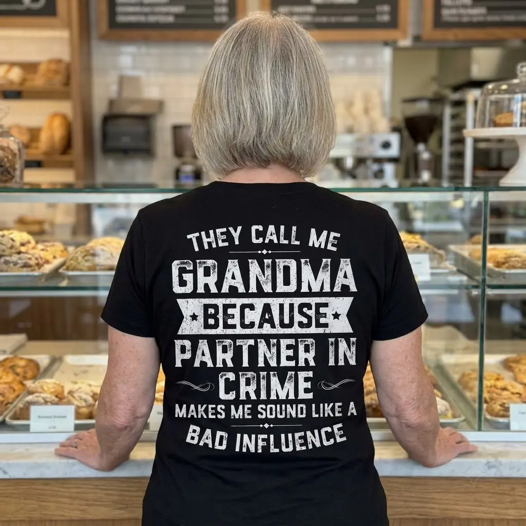 Funny Grandma Partner In Crime T-Shirt 5 Lifestyle shot of the funny grandma partner in crime shirt styled in a casual everyday setting