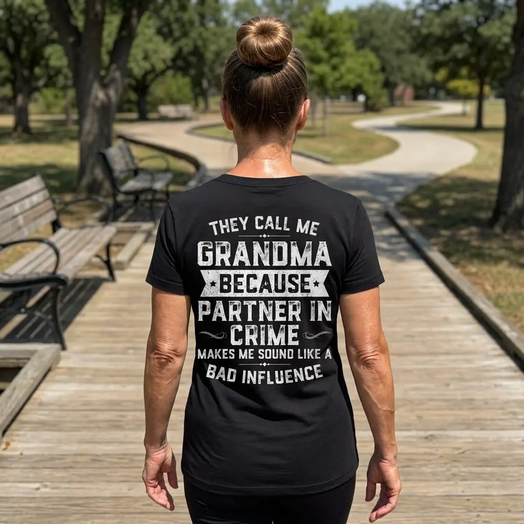 Funny Grandma Partner In Crime T-Shirt 6 Close-up lifestyle view of the grandma partner in crime humorous quote design on a white shirt