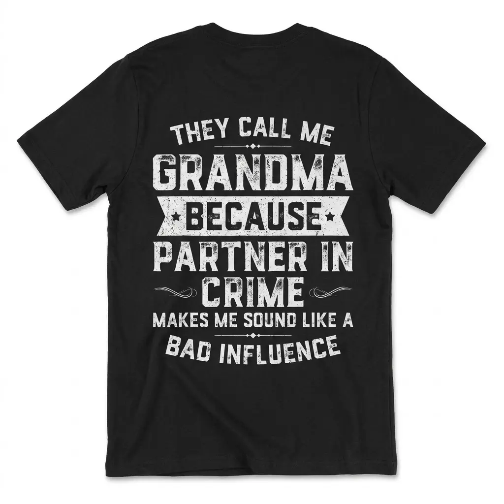 Funny Grandma Partner In Crime T-Shirt 1 Back of a white t-shirt laid flat showing a humorous grandma partner in crime quote graphic