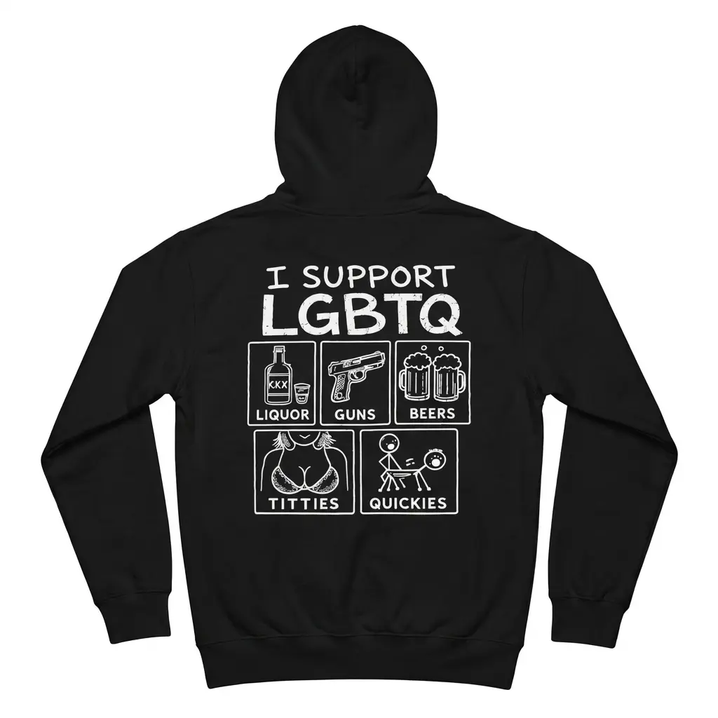 Back flat lay of a black hoodie printed with the humorous I Support LGBTQ acronym graphic.